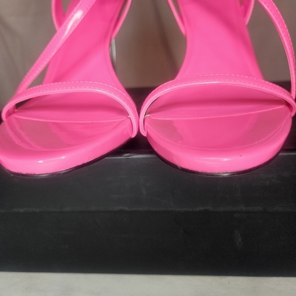 AAJ By Aminah Zayn Lucite Heel Asymmetrical Strap Dress Sandals - Neno Pink $150 - Picture 3 of 15